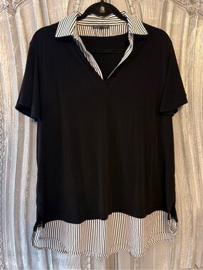 Adrianna Papell Black Layered-Look V-Neck Top with White/Black Striped Trim
